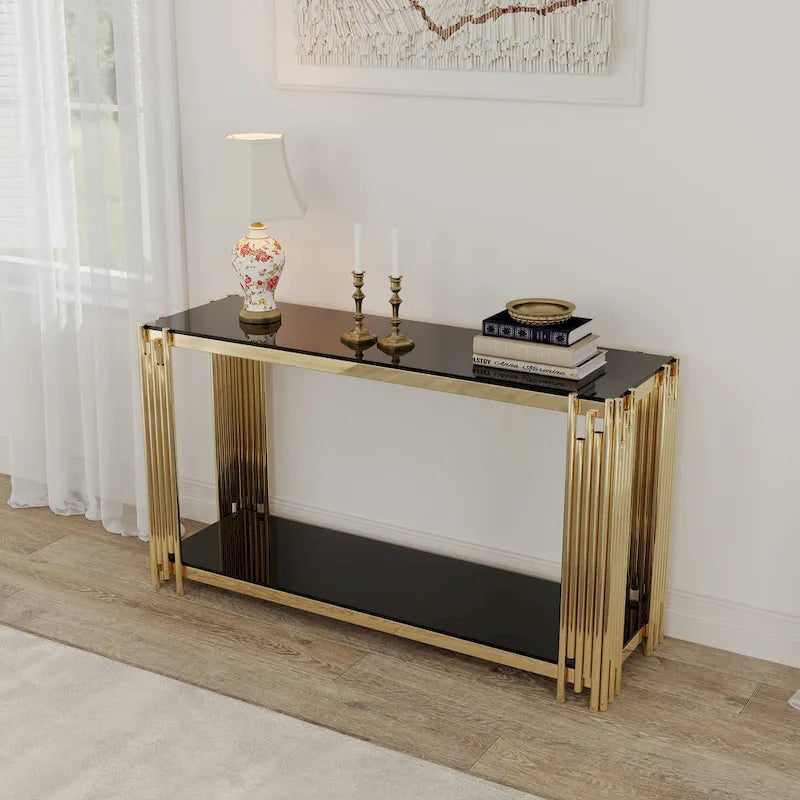 Narrow 2-tier Console Table with Gold Finished Metal Frame and Tempered Glass Top