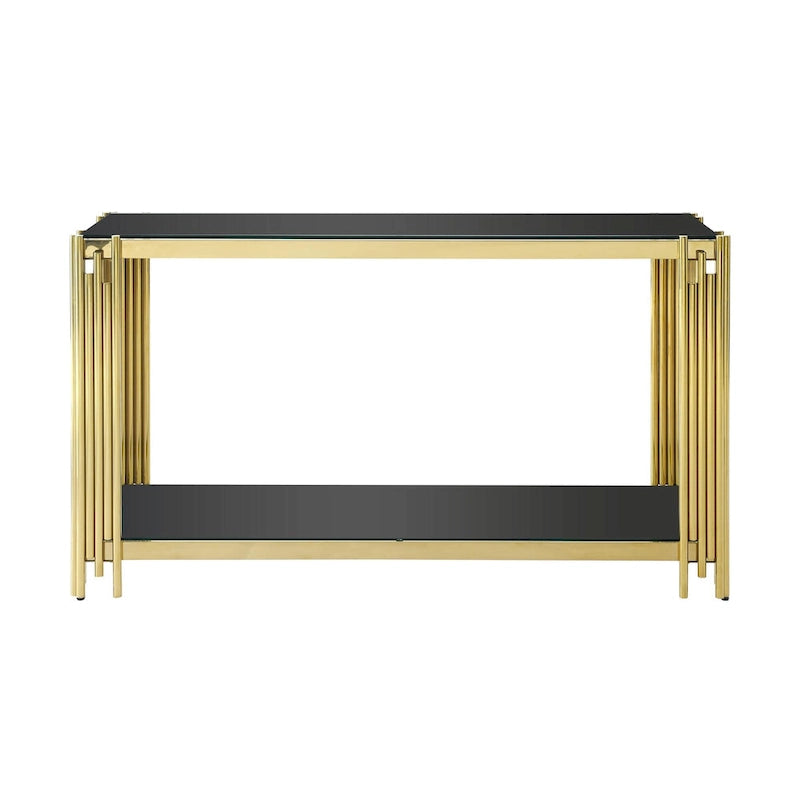 Narrow 2-tier Console Table with Gold Finished Metal Frame and Tempered Glass Top