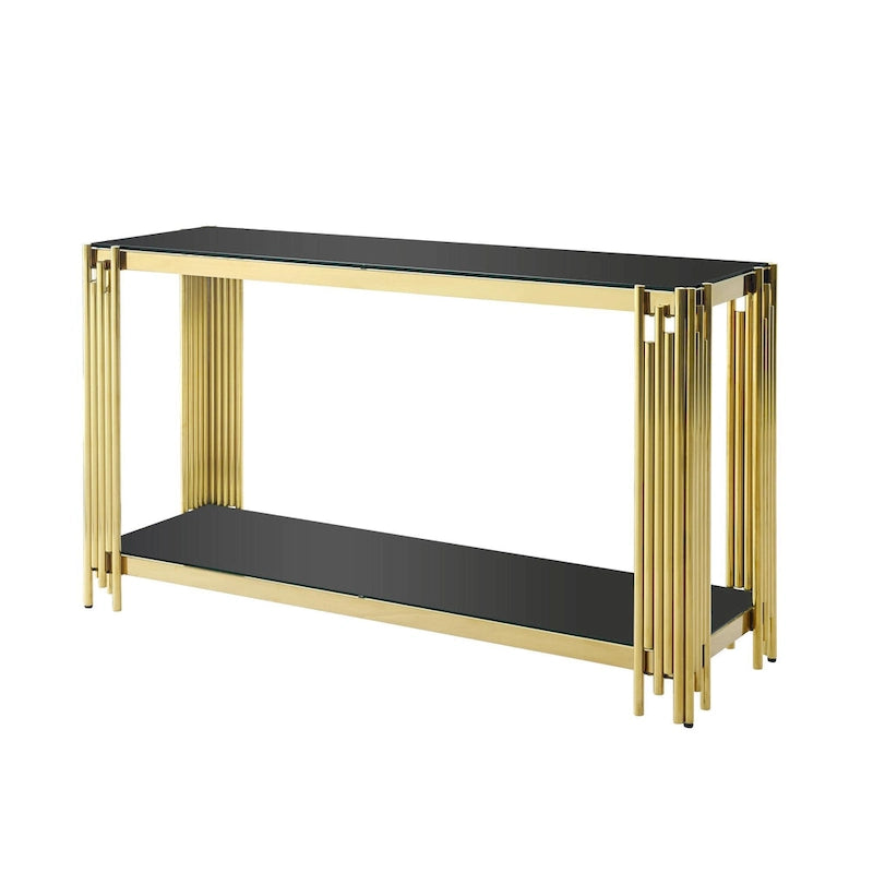 Narrow 2-tier Console Table with Gold Finished Metal Frame and Tempered Glass Top