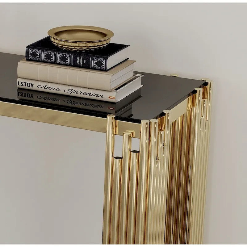 Narrow 2-tier Console Table with Gold Finished Metal Frame and Tempered Glass Top