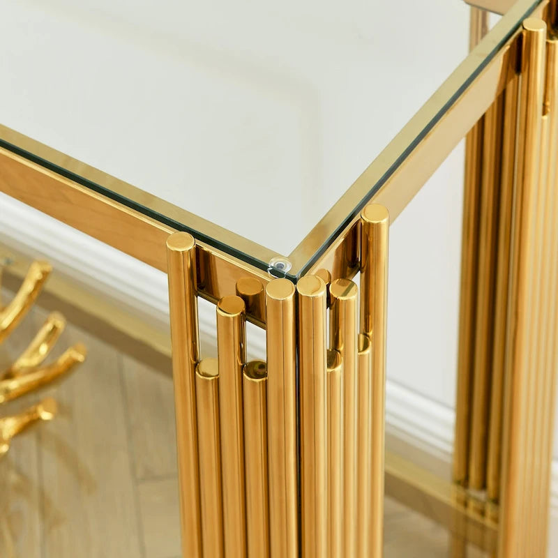 Narrow 2-tier Console Table with Gold Finished Metal Frame and Tempered Glass Top