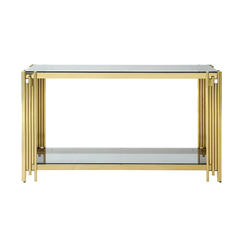 Narrow 2-tier Console Table with Gold Finished Metal Frame and Tempered Glass Top