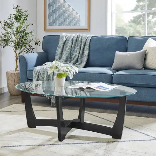 48 Inch Oval Glass Coffee Table, Black Round Coffee Table Center Table with Glass Top