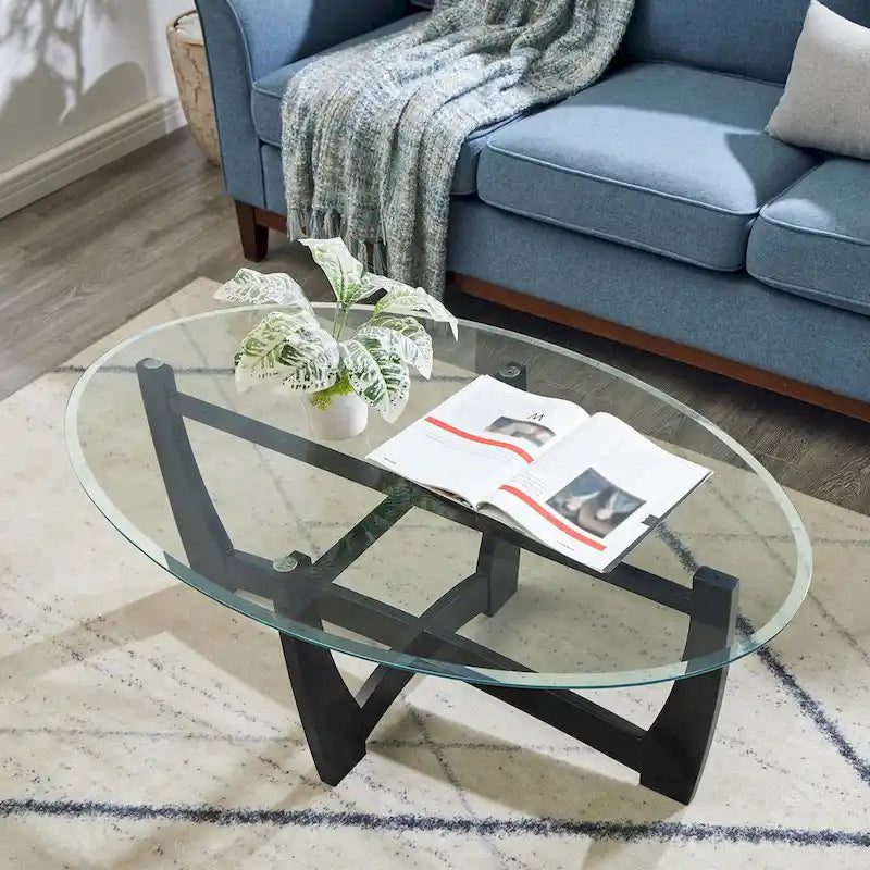 48 Inch Oval Glass Coffee Table, Black Round Coffee Table Center Table with Glass Top