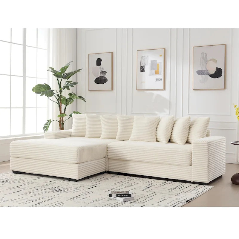 Beige 111 Corduroy Upholstered L-Shaped Sectional Sofa with Oversized Left Chaise Longue and 8 Throw Pillows
