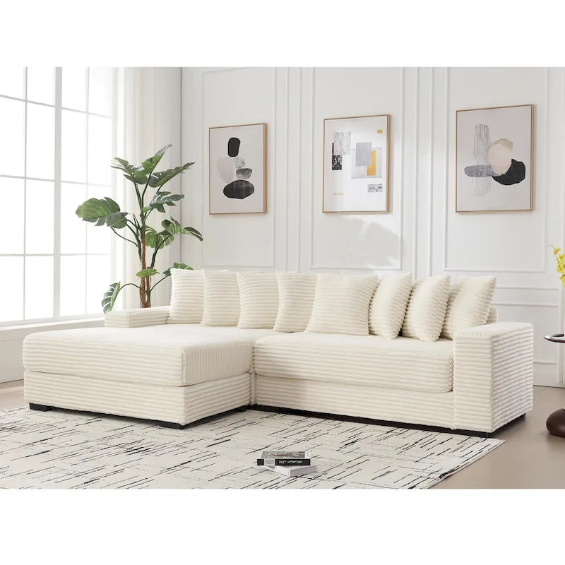 Beige 111 Corduroy Upholstered L-Shaped Sectional Sofa with Oversized Left Chaise Longue and 8 Throw Pillows