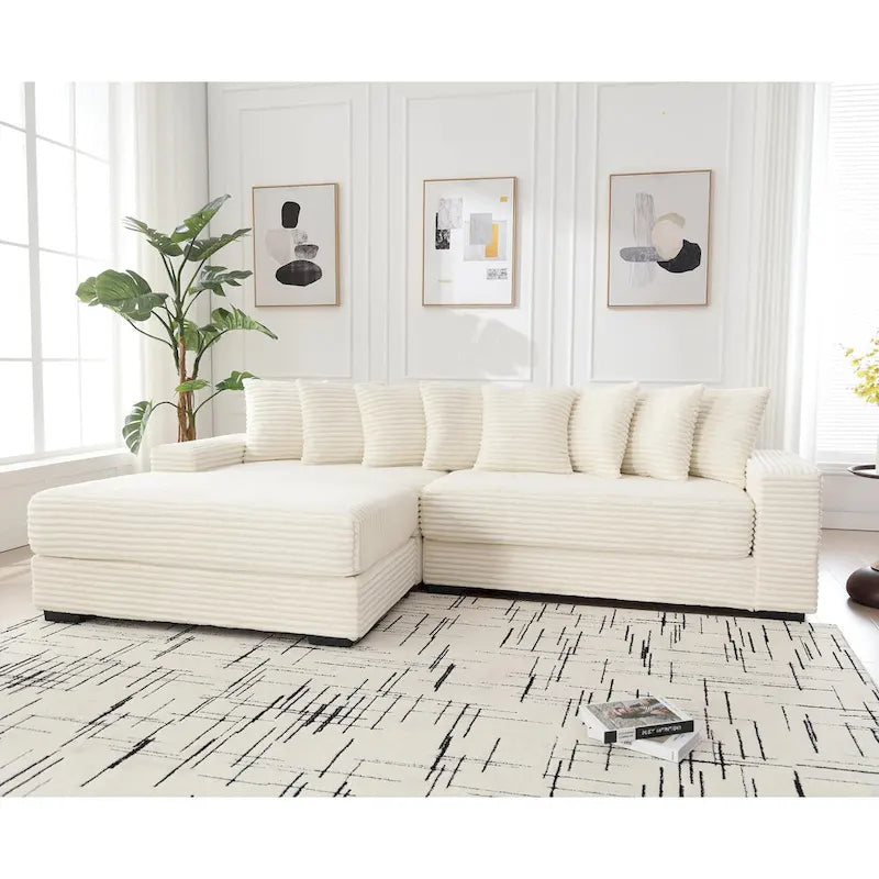 Beige 111 Corduroy Upholstered L-Shaped Sectional Sofa with Oversized Left Chaise Longue and 8 Throw Pillows