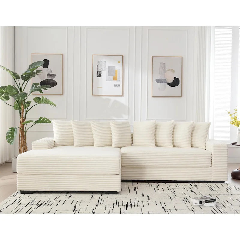 Beige 111 Corduroy Upholstered L-Shaped Sectional Sofa with Oversized Left Chaise Longue and 8 Throw Pillows