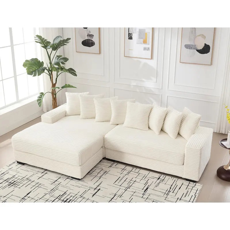Beige 111 Corduroy Upholstered L-Shaped Sectional Sofa with Oversized Left Chaise Longue and 8 Throw Pillows