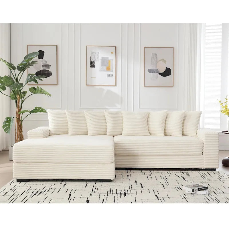 Beige 111 Corduroy Upholstered L-Shaped Sectional Sofa with Oversized Left Chaise Longue and 8 Throw Pillows