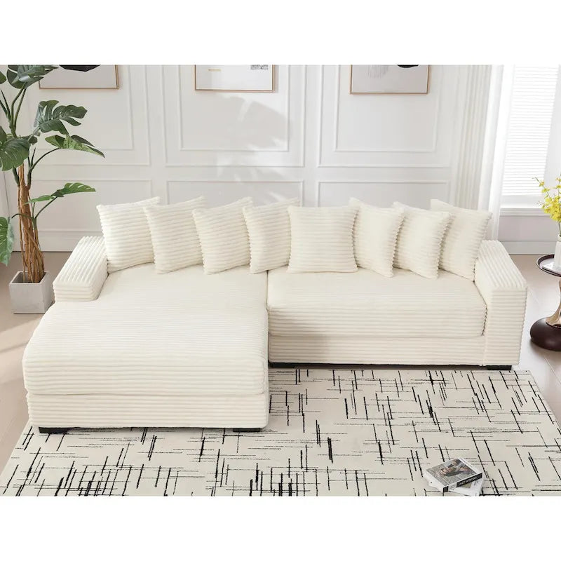 Beige 111 Corduroy Upholstered L-Shaped Sectional Sofa with Oversized Left Chaise Longue and 8 Throw Pillows