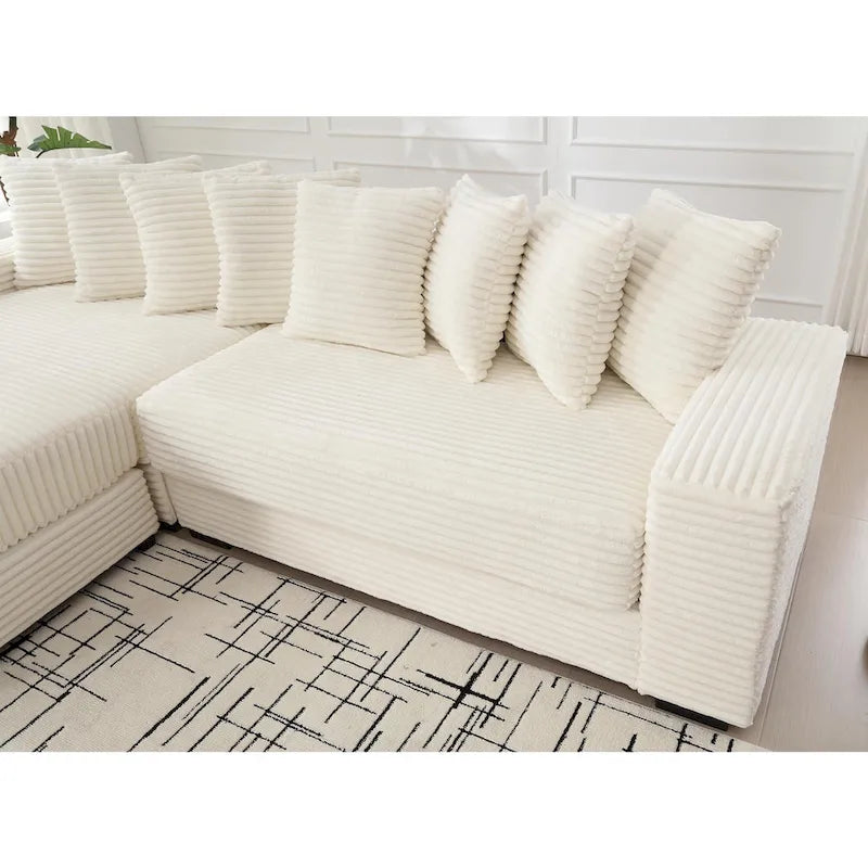 Beige 111 Corduroy Upholstered L-Shaped Sectional Sofa with Oversized Left Chaise Longue and 8 Throw Pillows