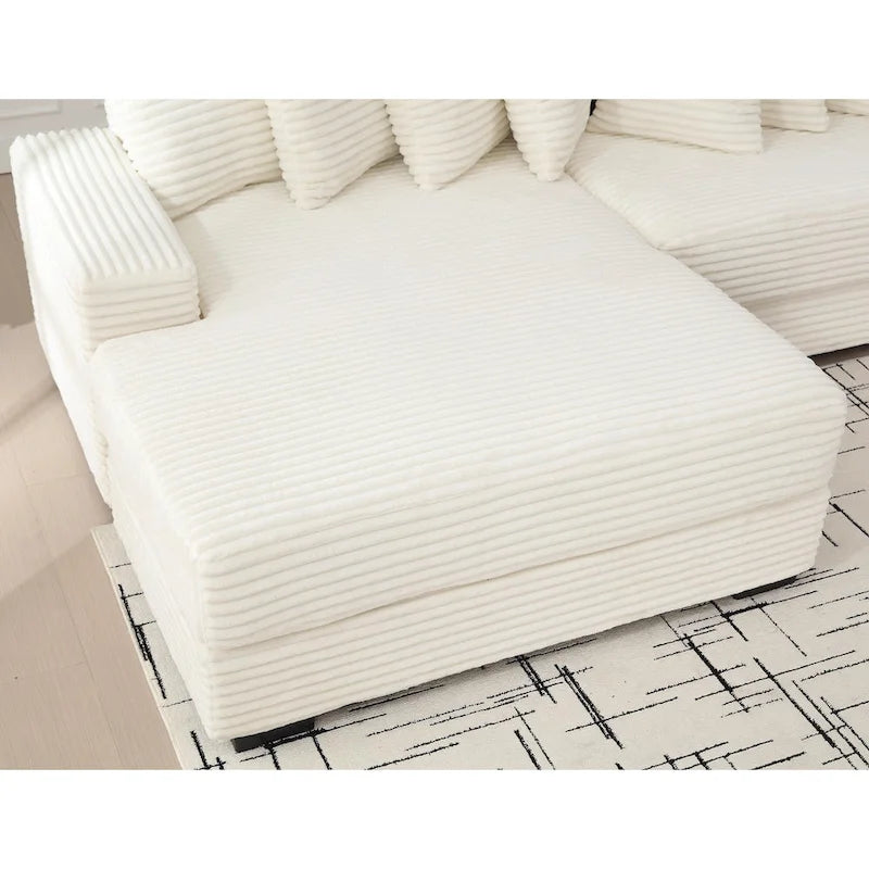 Beige 111 Corduroy Upholstered L-Shaped Sectional Sofa with Oversized Left Chaise Longue and 8 Throw Pillows