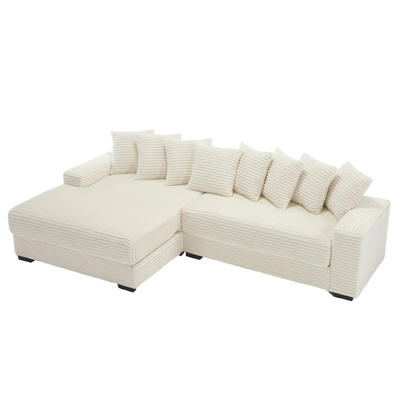 Beige 111 Corduroy Upholstered L-Shaped Sectional Sofa with Oversized Left Chaise Longue and 8 Throw Pillows