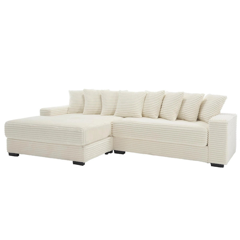 Beige 111 Corduroy Upholstered L-Shaped Sectional Sofa with Oversized Left Chaise Longue and 8 Throw Pillows