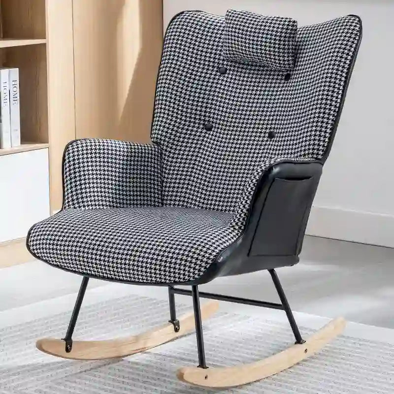 Rocking Chair, Soft Houndstooth Fabric Leather Fabric Rocking Chair for Nursery