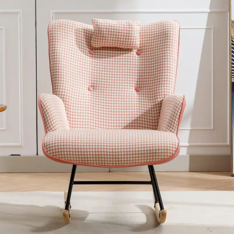 Rocking Chair, Soft Houndstooth Fabric Leather Fabric Rocking Chair for Nursery