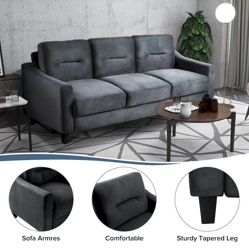 Black 76.7 Velvet 3-seater Sofa with Hardwood Frame and High-Density Foam
