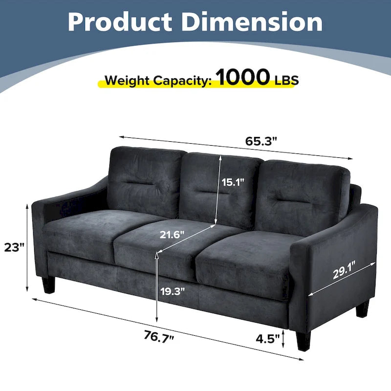 Black 76.7 Velvet 3-seater Sofa with Hardwood Frame and High-Density Foam