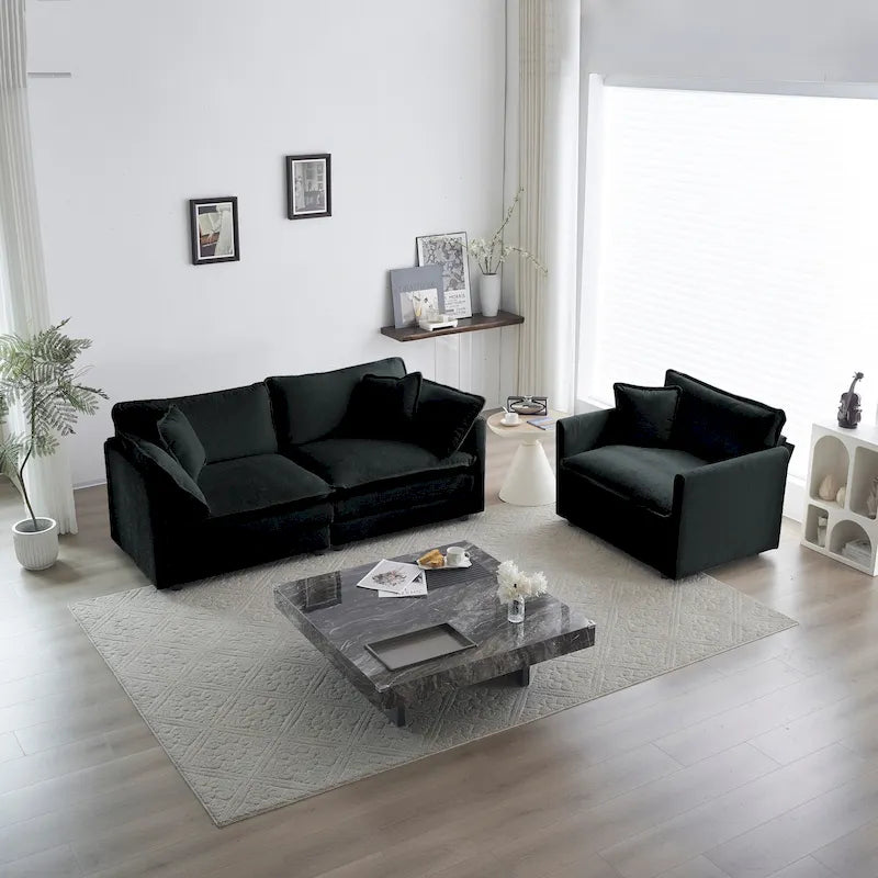 Black 2-Piece Chenille Sofa Set with Loveseat Sofa and Single Sofa