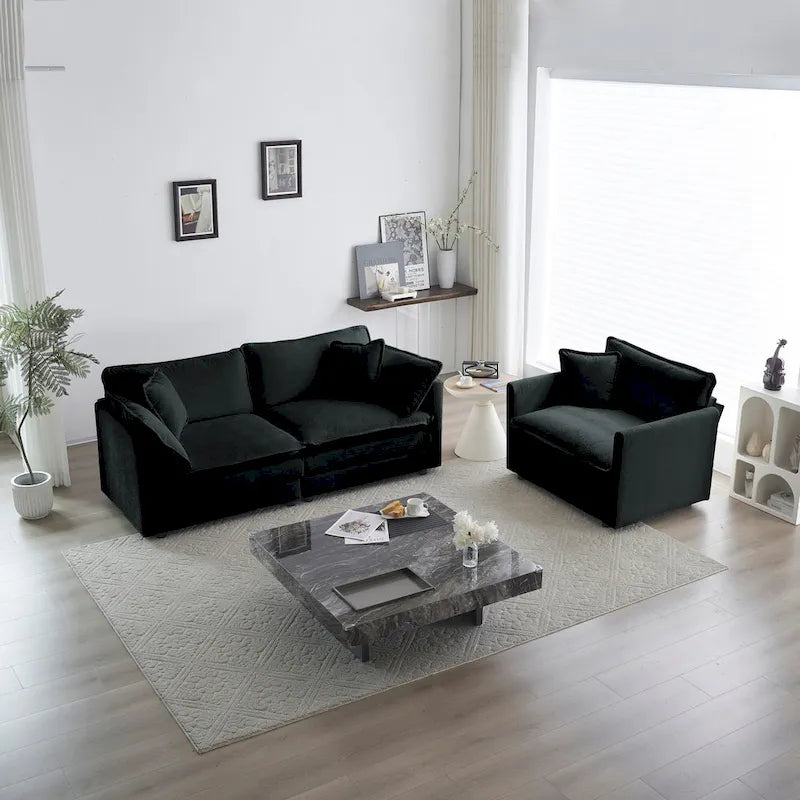 Black 2-Piece Chenille Sofa Set with Loveseat Sofa and Single Sofa