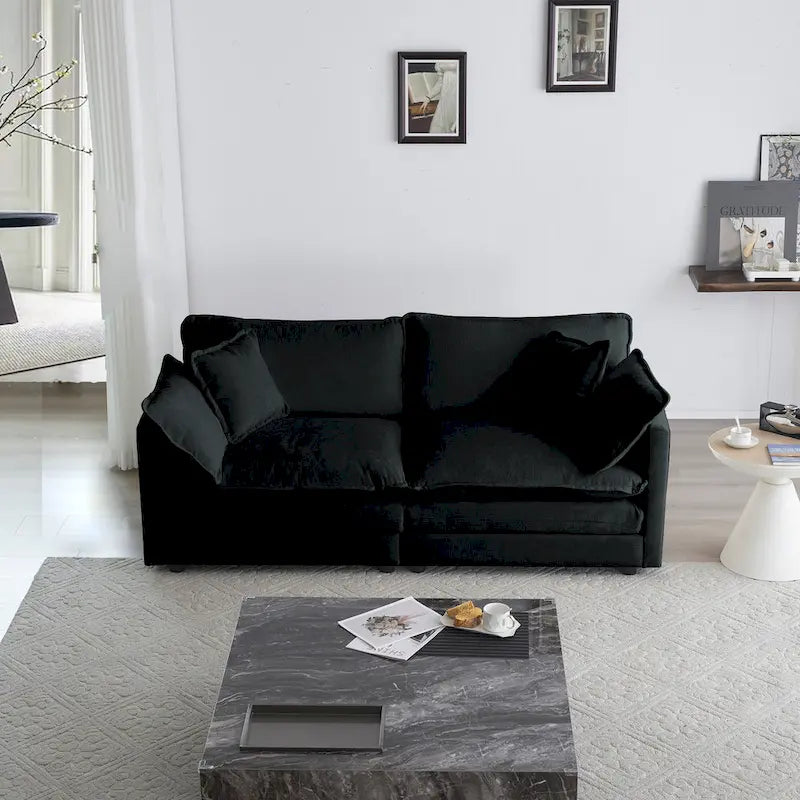 Black 2-Piece Chenille Sofa Set with Loveseat Sofa and Single Sofa