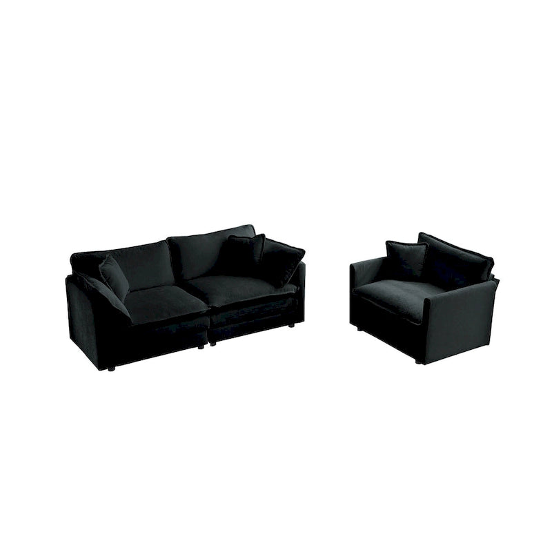 Black 2-Piece Chenille Sofa Set with Loveseat Sofa and Single Sofa