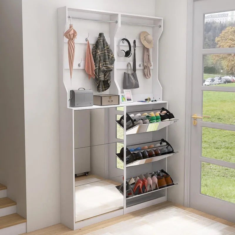 Mirror Shoe Cabinet With 3 Flip-Tier Drawers,Shoe Rack Organizer Store Ample Shoes,Hooks&Hangers For Organizing Clothes And Hats