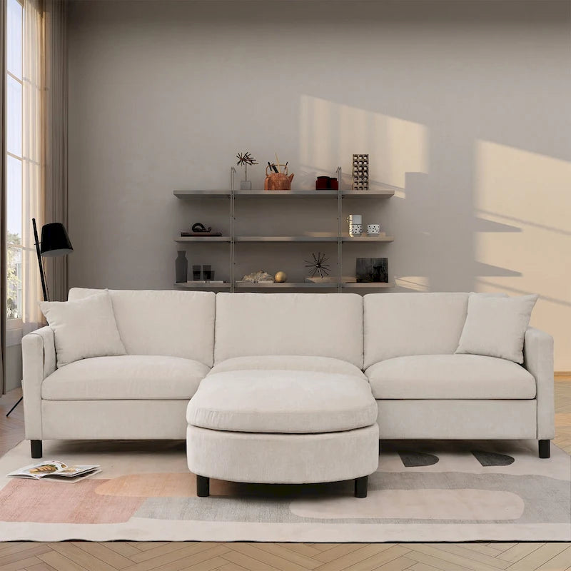 Beige 107.87 Spacious 4 Seater Sectional Sofa with Movable Ottoman, Removable Cushions, and Convenient Armrest Storage