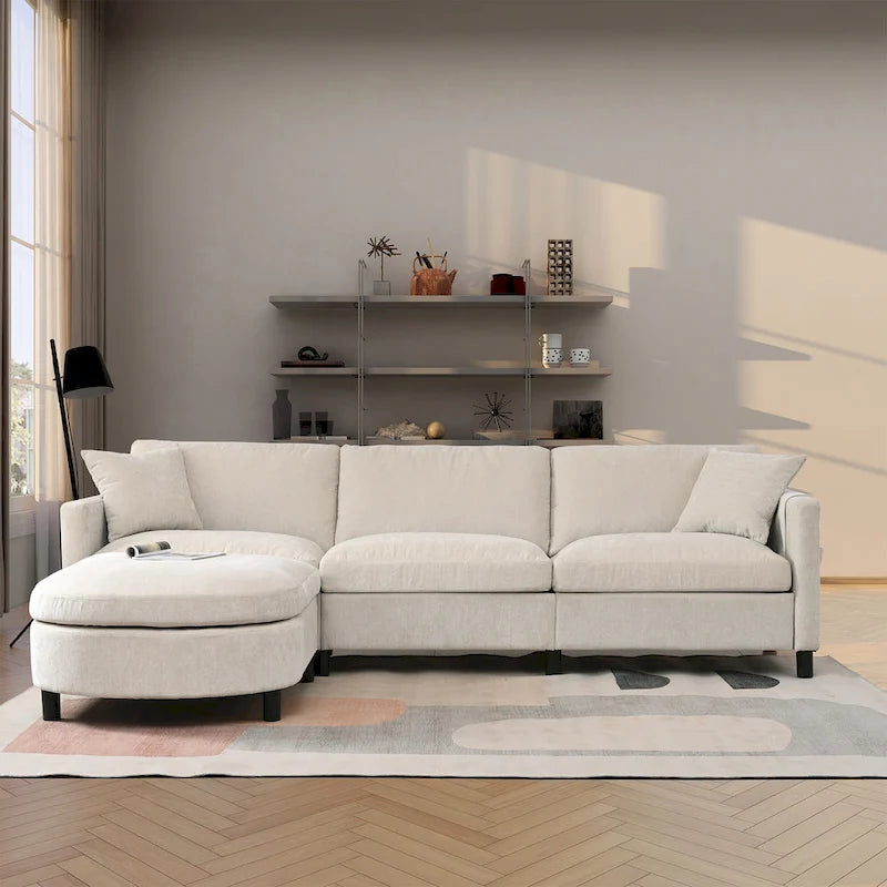 Beige 107.87 Spacious 4 Seater Sectional Sofa with Movable Ottoman, Removable Cushions, and Convenient Armrest Storage