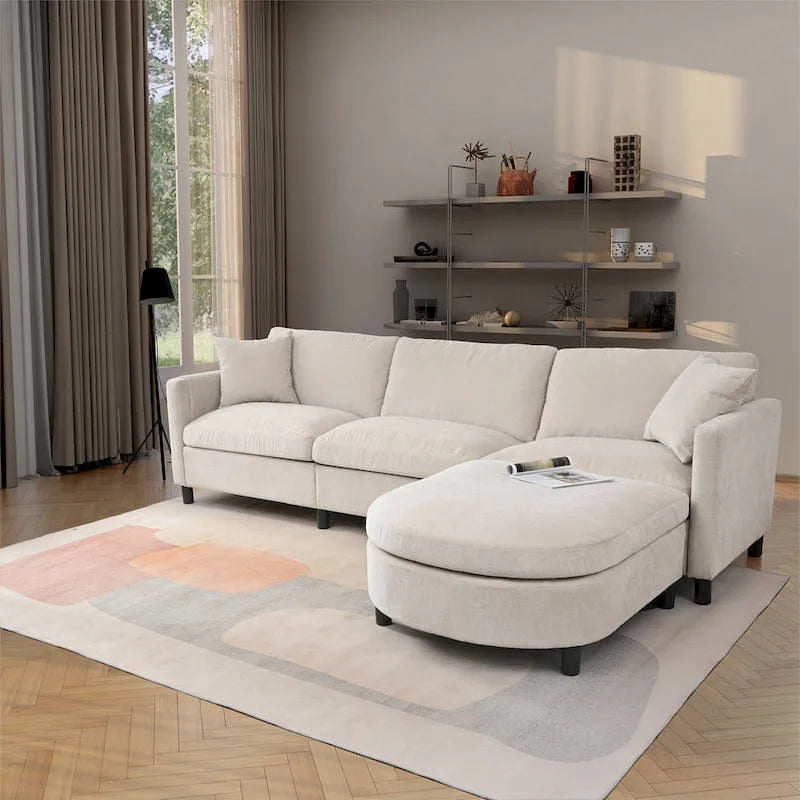 Beige 107.87 Spacious 4 Seater Sectional Sofa with Movable Ottoman, Removable Cushions, and Convenient Armrest Storage