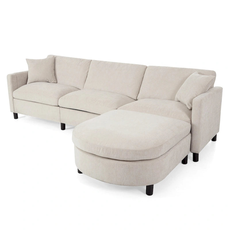 Beige 107.87 Spacious 4 Seater Sectional Sofa with Movable Ottoman, Removable Cushions, and Convenient Armrest Storage