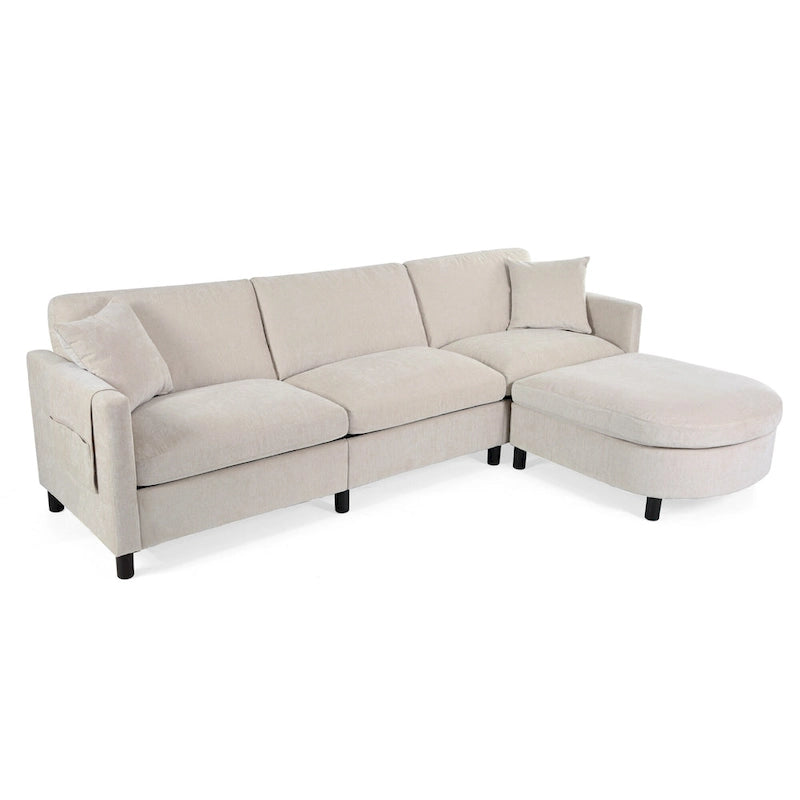Beige 107.87 Spacious 4 Seater Sectional Sofa with Movable Ottoman, Removable Cushions, and Convenient Armrest Storage
