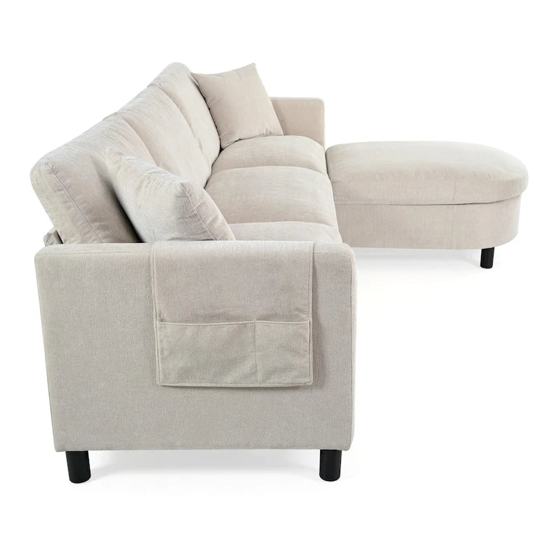 Beige 107.87 Spacious 4 Seater Sectional Sofa with Movable Ottoman, Removable Cushions, and Convenient Armrest Storage