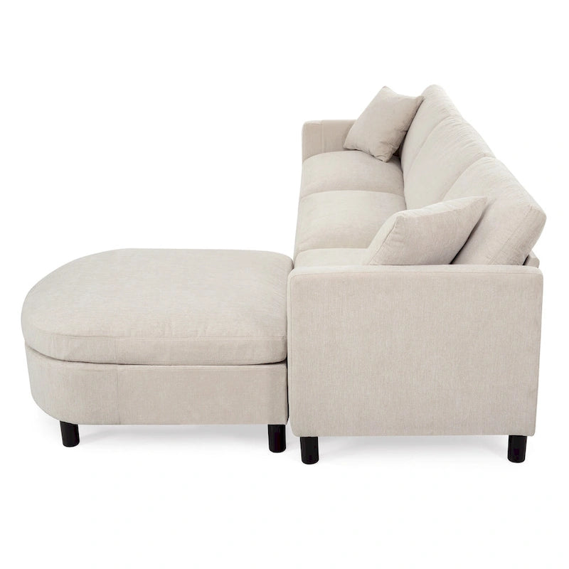 Beige 107.87 Spacious 4 Seater Sectional Sofa with Movable Ottoman, Removable Cushions, and Convenient Armrest Storage