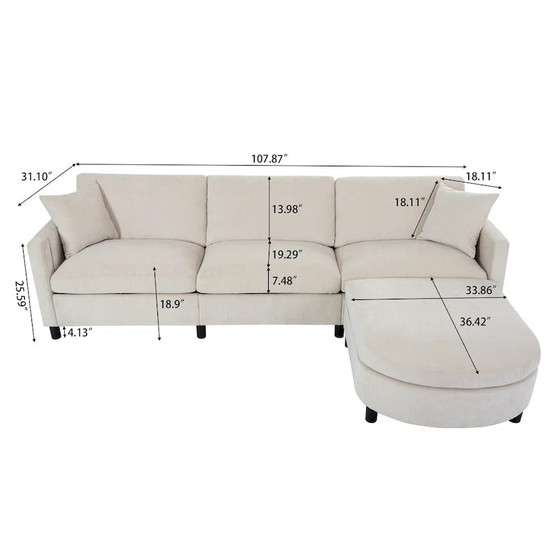 Beige 107.87 Spacious 4 Seater Sectional Sofa with Movable Ottoman, Removable Cushions, and Convenient Armrest Storage