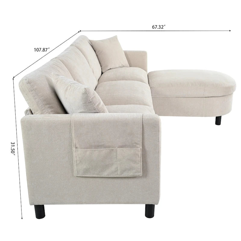 Beige 107.87 Spacious 4 Seater Sectional Sofa with Movable Ottoman, Removable Cushions, and Convenient Armrest Storage