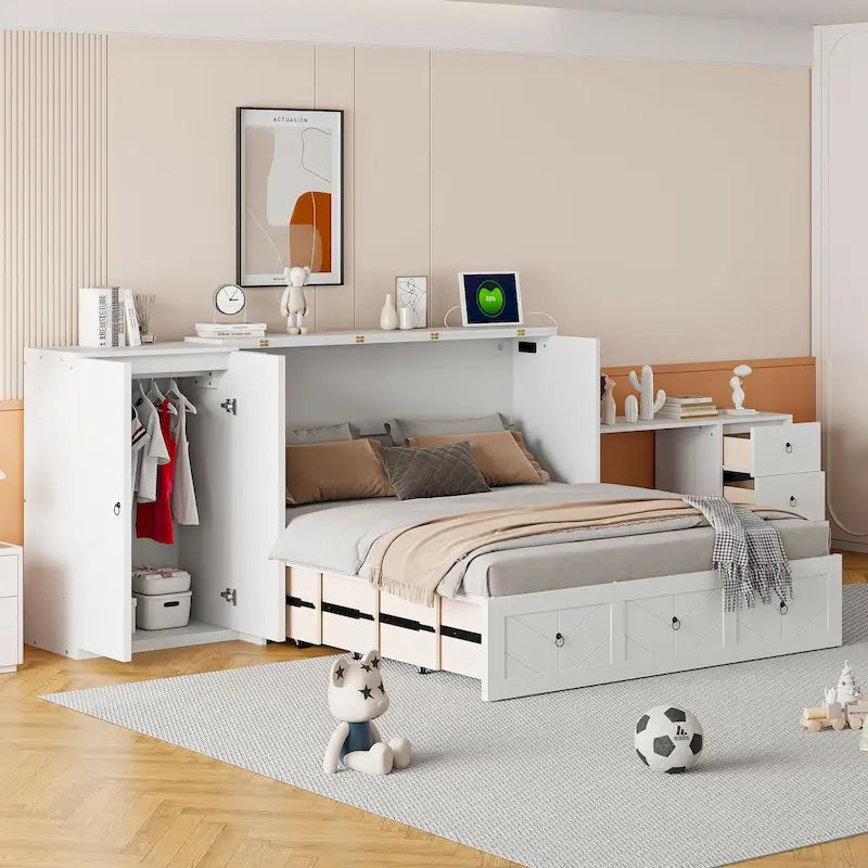 Queen Size Murphy Bed with USB Port, Large Drawer, and Wardrobe/Desk Combo