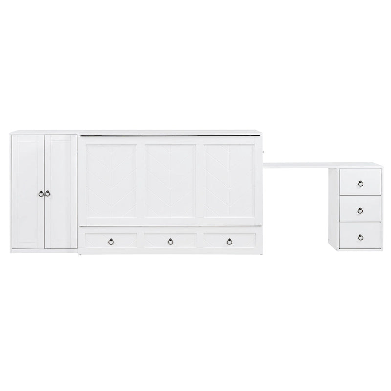 Queen Size Murphy Bed with USB Port, Large Drawer, and Wardrobe/Desk Combo