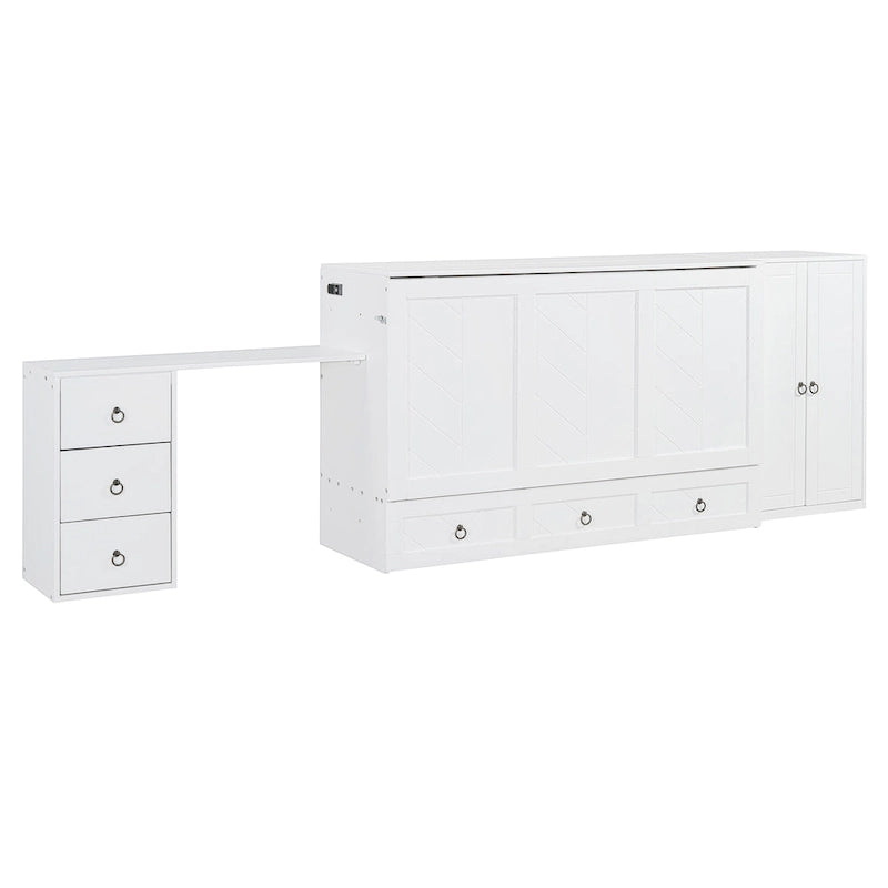 Queen Size Murphy Bed with USB Port, Large Drawer, and Wardrobe/Desk Combo