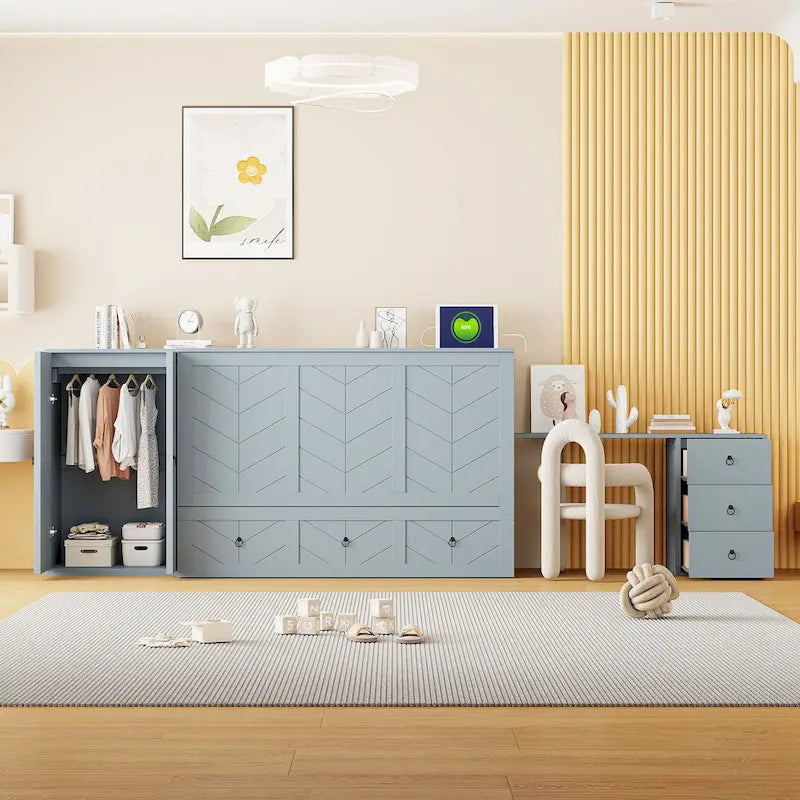 Queen Size Murphy Bed with USB Port, Large Drawer, and Wardrobe/Desk Combo