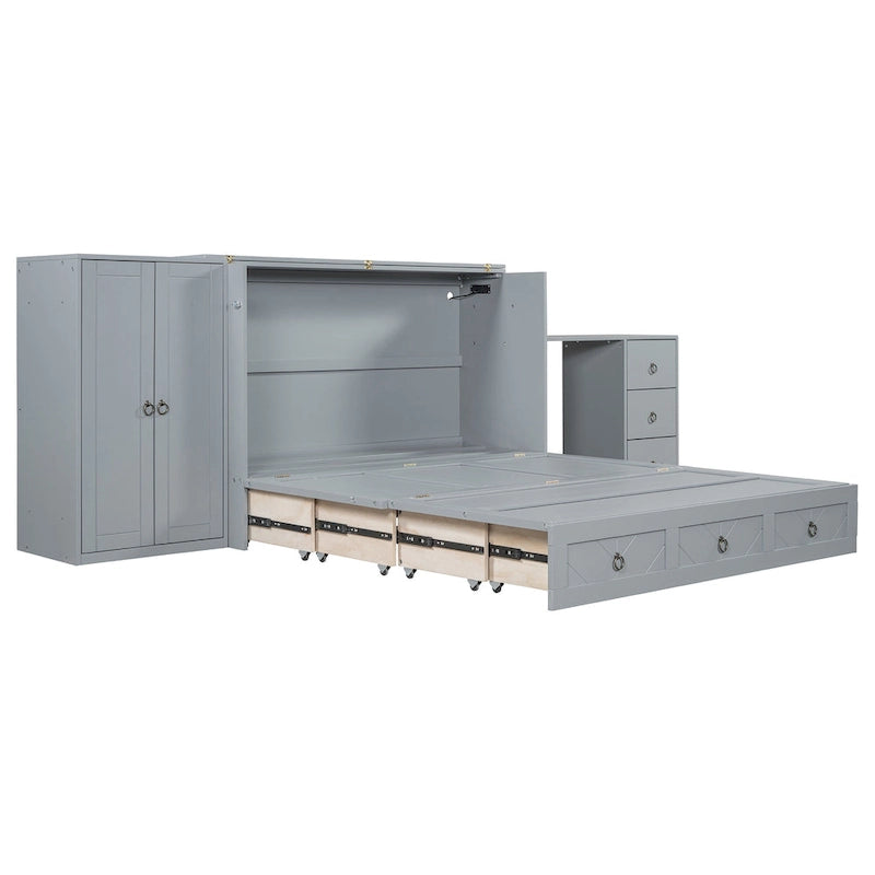 Queen Size Murphy Bed with USB Port, Large Drawer, and Wardrobe/Desk Combo