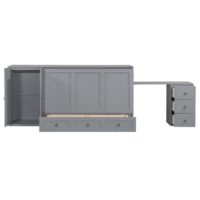 Queen Size Murphy Bed with USB Port, Large Drawer, and Wardrobe/Desk Combo