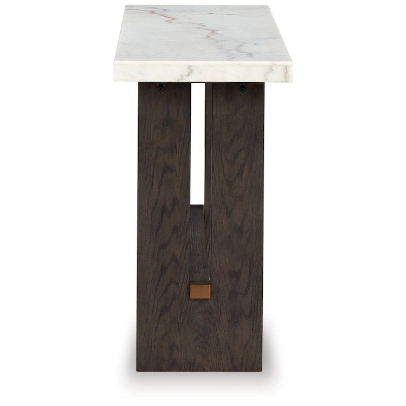 Haus Sofa Console Table, Marble Top, Panel legs, 52 Inch Brown Wood