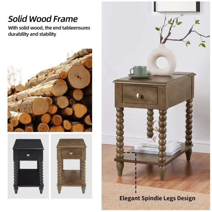 Traditional 23.6 Spindle Leg Wood End Table with USB