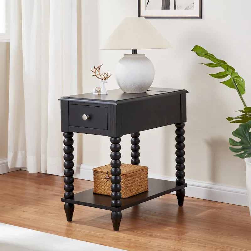 Traditional 23.6 Spindle Leg Wood End Table with USB