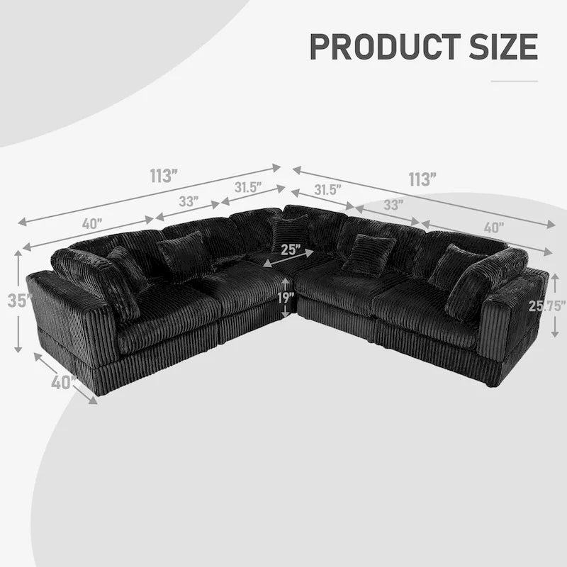 Oversized 6-Piece Corduroy Upholstered L-Shaped Modular Sectional Sofa, DIY Combination