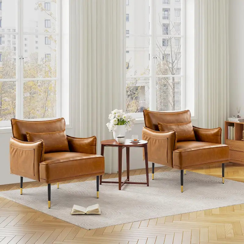 Glitzhome Set of 2 29.5W Mid-Century Modern Leatherette Armchairs With Side Pocket - 29.5 W x 32 H x 28.75 D