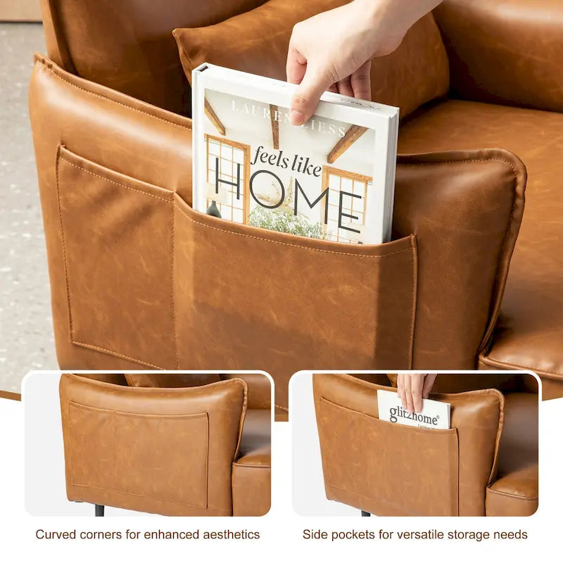 Glitzhome Set of 2 29.5W Mid-Century Modern Leatherette Armchairs With Side Pocket - 29.5 W x 32 H x 28.75 D