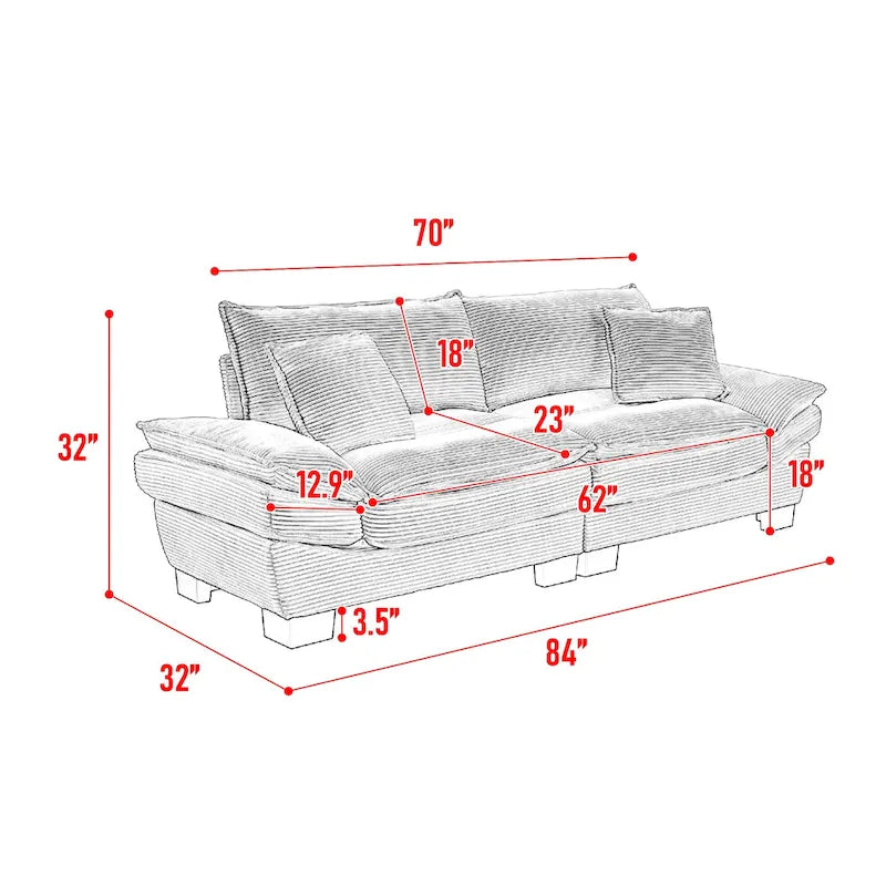 65.5 Upholstered 3-Seater Sofa Couch with Two Pillows and Sturdy Construction